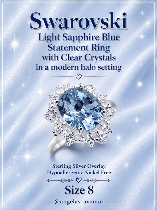 Swarovski Jewelry - Swarovski Light Sapphire Blue Statement Ring with Clear Crystals Size 8 Silver